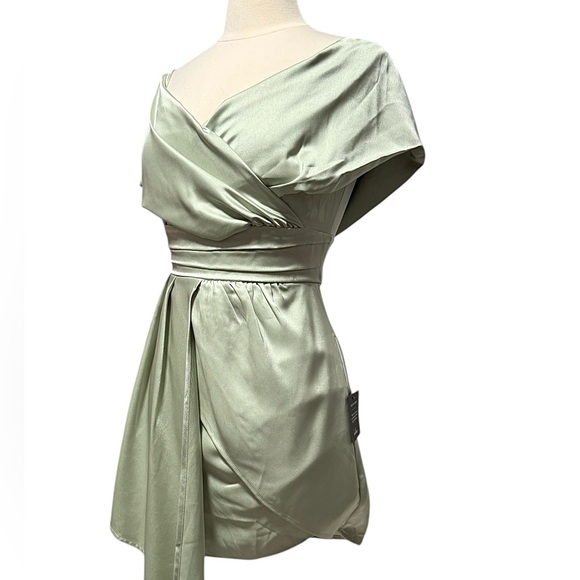Lulus Always Celebrating Sage Asymmetrical Off Shoulder Mini Dress Small NWT - Picture 5 of 16